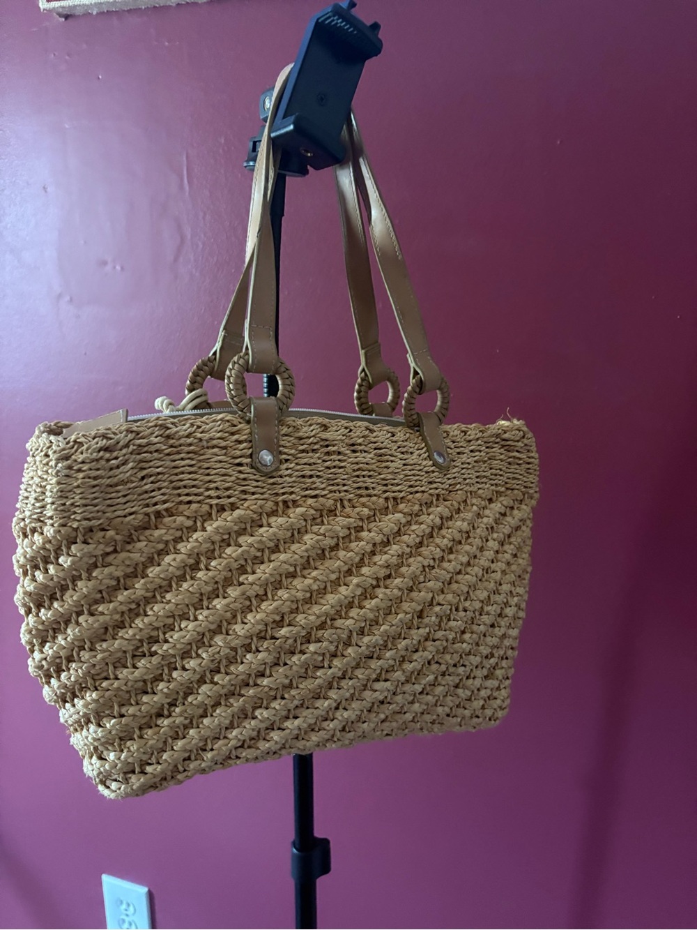Express Natural Straw Tote with Tan Handles